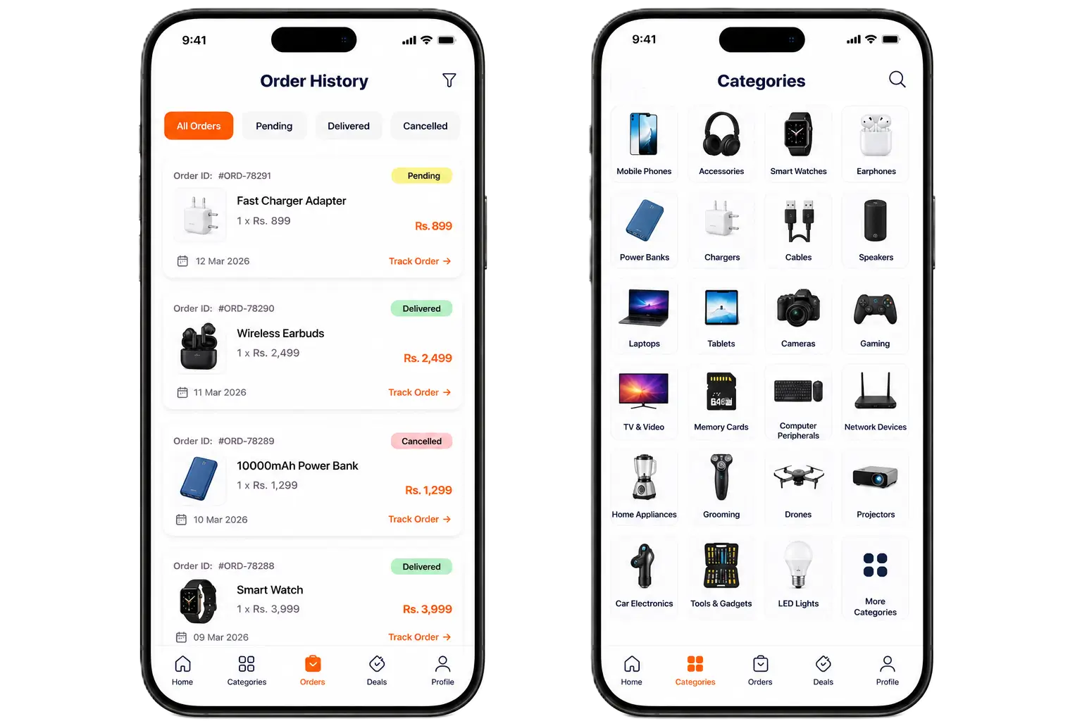 Samaan app screens — order history and categories